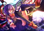 asymmetrical_wings bow cloud convenient_leg floating frills houjuu_nue looking_at_viewer polearm purple_eyes purple_hair ryosios smile solo space star_(sky) thighhighs touhou trident weapon wings wristband 
