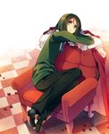  androgynous black_hair cape chair checkered checkered_floor fate/zero fate_(series) green_eyes green_hair male_focus necktie otoko_no_ko petals rugo solo waver_velvet 