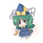  arms_behind_back blue_eyes bow chibi crescent dekasudachin ghost_tail green_hair hat hat_bow long_hair mima simple_background solo staff touhou touhou_(pc-98) wizard_hat 