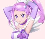  1girl armpits arms_up choker collarbone cure_sword detached_sleeves dokidoki!_precure earrings elenab hair_ornament high_ponytail jewelry long_hair long_sleeves pink_background precure purple_eyes purple_hair purple_sleeves shiny shiny_hair simple_background solo sparkle tying_hair upper_body 