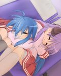  blue_hair closed_eyes duplicate hiiragi_kagami izumi_konata lucky_star mio_atenako mole mole_under_eye multiple_girls purple_hair ryouou_school_uniform school_uniform serafuku sleeping 