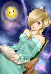  aqua_eyes bare_shoulders blonde_hair book chair chiko_(mario) crown earrings hair_over_one_eye jewelry light_smile lips mario_(series) rocking_chair rosetta_(mario) sitting solo space star_(sky) super_mario_bros. super_mario_galaxy wasabi_(legemd) 