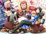  4boys ahoge armor artoria_pendragon_(all) beard blonde_hair blush cape caster_(fate/zero) dress facial_hair fate/zero fate_(series) green_eyes lancer_(fate/zero) lap_pillow multiple_boys nagare rider_(fate/zero) saber short_hair sitting tears waver_velvet 