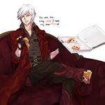  animal_slippers bad_deviantart_id bad_id blue_eyes cat_slippers coat dante_(devil_may_cry) devil_may_cry english facial_hair felyne food gloves heart holding_pizza mai_waifu male_focus monster_hunter naso4 overcoat pants pizza pizza_box slippers solo stubble white_hair 