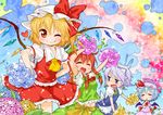  apron arms_up ascot bad_id bad_pixiv_id bat_wings blonde_hair blue_dress blue_eyes blue_hair braid bubble cheerleader closed_eyes dress flandre_scarlet flower hair_ribbon hands_on_hips hat hat_ribbon hong_meiling hydrangea izayoi_sakuya jigatei_(omijin) lights maid midriff multiple_girls one_eye_closed open_mouth red_eyes red_hair remilia_scarlet ribbon shirt short_hair side_ponytail silver_hair skirt skirt_set sweat touhou twin_braids wings 