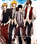  alaudi bad_id bad_pixiv_id black_hair blonde_hair dino_(reborn) hand_on_headwear hands_in_pockets hat hibari_kyouya katekyo_hitman_reborn! male_focus multiple_boys necktie ninjin_(yasai_koubou) plaid primo_cavallone suspenders tattoo unmoving_pattern vest 