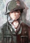  bad_id bad_pixiv_id bangs black_eyes black_hair breast_pocket brown_eyes brown_hair chin_strap closed_mouth helmet highres looking_at_viewer male_focus military military_uniform original pocket popped_collar shigatsuya smile solo stitches tape unbuckled uniform upper_body 
