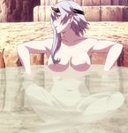  highres long_hair nude queen&#039;s_blade queen's_blade screencap shizuka shizuka_(queen's_blade) sitting solo stitched white_hair 