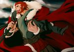 arien7321 armor beard black_hair carrying facial_hair fate/zero fate_(series) height_difference highres male_focus multiple_boys necktie princess_carry red_eyes red_hair rider_(fate/zero) tears waver_velvet 