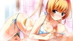  1boy 1girl bikini blonde_hair blush breasts censored game_cg indoors lotion paizuri penis swimsuit 