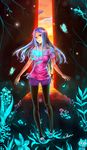  :3 animal bare_shoulders black_legwear bug butterfly cat evolan glowing highres insect leggings legwear_under_shorts lizard long_hair mole mole_under_eye no_socks open_mouth original purple_hair shorts smile solo trencker 