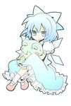 bad_id bad_pixiv_id blue_eyes blue_hair bow cirno doll dress frills frog full_body hair_ribbon ice ice_wings looking_at_viewer mary_janes open_mouth reisen2 ribbon shoes short_hair simple_background sitting socks solo stuffed_animal stuffed_frog stuffed_toy touhou white_background wings yuzuki_gao 