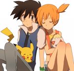  1girl black_hair brown_eyes chiasa_(kirakirakira) closed_eyes denim denim_shorts gen_1_pokemon gen_2_pokemon jacket kasumi_(pokemon) leaning lowres no_hat no_headwear orange_hair pikachu pokemon pokemon_(anime) pokemon_(classic_anime) pokemon_(creature) satoshi_(pokemon) shorts side_ponytail sitting sleeping suspenders togepi 