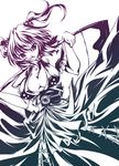  breasts cleavage hair_bobbles hair_ornament highres large_breasts monochrome onozuka_komachi oushi scythe short_hair solo touhou two_side_up 