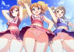  aida_takanobu arm_up armpits arms_up ass_visible_through_thighs bad_id bad_pixiv_id blue_eyes breasts brown_eyes brown_hair cheerleader cloud day from_below grin kousaka_honoka looking_at_viewer looking_down love_live! love_live!_school_idol_project medium_breasts midriff minami_kotori multiple_girls navel nishikino_maki one_side_up open_mouth orange_hair outdoors panties pantyshot pantyshot_(standing) pom_poms purple_eyes sky smile standing sunlight under_shot underwear upskirt white_panties 