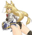  1girl animal_ears armor ass blonde_hair blush character_request green_eyes gus_(clarkii) kneehighs long_hair looking_back low-tied_long_hair pixiv_fantasia pixiv_fantasia_wizard_and_knight simple_background solo sweat tail white_background 