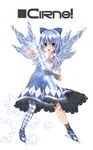  absurdres adapted_costume blue_eyes blue_hair bracelet character_name checkered checkered_legwear cirno crystal_sword gloves highres horarezonu ice ice_skates ice_wings jewelry mismatched_legwear nail_polish necklace open_mouth pantyhose short_hair single_glove skates solo sword touhou weapon wings 