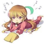  ahoge bad_id bad_pixiv_id barefoot blonde_hair eating food full_body green_hair long_hair lowres milla_maxwell multicolored_hair musical_note pants pink_pants red_eyes senbei shibanashi_miso shirt solo tales_of_(series) tales_of_xillia two-tone_hair 