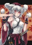  animal_ears black_gloves breasts cheek_poking detached_sleeves gloves hands hat impossible_clothes impossible_shirt inubashiri_momiji large_breasts no_bra panzer poking red_eyes shield shirt short_hair sideboob silver_hair solo sword tokin_hat touhou weapon wolf_ears 