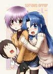  asakura_ryouko blue_eyes blue_hair blush casual doll koronepan kyon long_hair multiple_girls nagato_yuki one_eye_closed purple_hair short_hair suzumiya_haruhi_no_shoushitsu suzumiya_haruhi_no_yuuutsu sweater thighhighs 