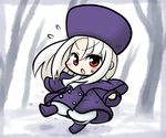  blush boots chibi fate/zero fate_(series) hat illyasviel_von_einzbern long_hair purple_footwear purple_hat red_eyes solo white_hair yanagi_(nurikoboshi) 