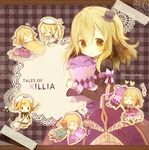  brown_background character_name chibi costume_chart elize_lutus lowres multiple_persona plaid plaid_background tales_of_(series) tales_of_xillia teepo_(tales) tyk 
