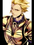  armor bad_id bad_pixiv_id blonde_hair closed_mouth earrings fate/stay_night fate_(series) gilgamesh jewelry letterboxed male_focus s_gentian smile solo upper_body yellow_eyes 