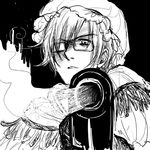  ahoge alternate_costume axis_powers_hetalia bonnet cosplay crossdressing flower fringe_trim greyscale gun hat little_red_riding_hood male_focus masuda_himeno monochrome open_mouth poncho serious shaded_face sketch smoke smoking_gun solo southern_italy_(hetalia) sunglasses weapon 