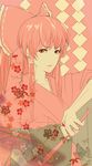  bangs bow branch eyeliner flower gohei hair_tubes hakurei_reimu japanese_clothes jibi kimono long_hair looking_at_viewer makeup pale_skin patterned petals pink pink_eyes pink_hair profile simple_background solo touhou 