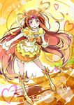  beamed_sixteenth_notes boots bow brown_hair bubble_skirt choker cure_muse_(yellow) eighth_note hair_ribbon heart knee_boots long_hair magical_girl moupii_(hitsuji_no_ki) musical_note orange_(color) orange_background orange_skirt pink_eyes precure ribbon sharp_sign shirabe_ako skirt solo staff_(music) suite_precure treble_clef very_long_hair yellow_bow yellow_choker 
