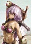  .hack//games 1girl arm_behind_head black_rose_(.hack//) bodypaint dark_skin huge_weapon lavender_hair light_smile navel purple_hair red_eyes short_hair smile solo sword tattoo vambraces weapon yosa 