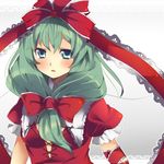  bad_id bad_pixiv_id blue_eyes bow frills front_ponytail green_hair hair_ribbon kagiyama_hina long_hair ribbon saionji_yuri solo touhou upper_body yutazou 