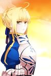  ahoge armor artoria_pendragon_(all) bad_id bad_pixiv_id blonde_hair dress fate/stay_night fate_(series) gauntlets green_eyes hair_ribbon outstretched_hand ribbon saber zorim 