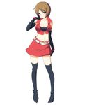  belt breasts brown_eyes brown_hair cleavage crop_top elbow_gloves gloves medium_breasts meiko midriff navel short_hair simple_background skirt solo thighhighs vocaloid yuzuki_kei zettai_ryouiki 