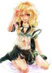  alternate_costume bag blonde_hair blush boots bow bra braid hair_bow kirisame_marisa lingerie no_hat no_headwear nokishita open_mouth ribbon school_uniform see-through serafuku solo star touhou underwear wet wet_clothes yellow_eyes 