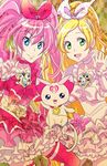  blonde_hair blue_eyes bow brooch cat choker cure_melody cure_rhythm dress earrings green_eyes hairband houjou_hibiki hummy_(suite_precure) jewelry long_hair magical_girl minamino_kanade multiple_girls musical_note pink_bow pink_choker pink_hair pink_legwear precure ribbon smile staff_(music) suite_precure thighhighs twintails v white_choker youkan_(abbi) 