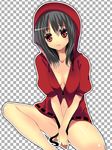  black_hair bottomless breasts checkered checkered_background cleavage hood hoodie medium_breasts original red_eyes sitting solo yui_tooru 