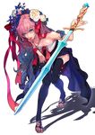  bad_id bad_pixiv_id becky_flina black_legwear blue_eyes blue_hair breasts cleavage flower gradient_hair hair_flower hair_ornament hair_ribbon highres lipstick long_hair makeup multicolored_hair pink_hair ribbon serenade_(sinohi) small_breasts solo sword sword_girls thighhighs weapon 