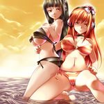  2girls ass beatmania beatmania_iidx bikini black_hair breasts cleavage hinazuki_ririna lilith_(beatmania_iidx) long_hair multiple_girls orange_hair red_eyes smile swimsuit underboob water 