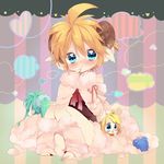  2girls ahoge animal_ears bad_id bad_pixiv_id barefoot blonde_hair blue_eyes blue_hair blush fang green_eyes green_hair hatsune_miku horns kagamine_len kagamine_rin kaito multiple_boys multiple_girls otoko_no_ko sheep sheep_ears siblings smile touyama_soboro vocaloid 