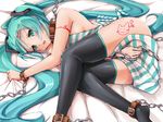  apron aqua_hair ass bdsm bed_sheet bondage bound chain chained collar covering covering_crotch cuffs green_eyes hatsune_miku long_hair lying miu_(angelo_whitechoc) naked_apron open_mouth restrained shackles sheet_grab solo tattoo thighhighs twintails very_long_hair vocaloid 