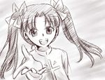  drawfag fate/stay_night fate/zero fate_(series) hair_ribbon long_hair monochrome outstretched_hand ribbon sketch solo sweater toosaka_rin turtleneck twintails upper_body younger 