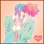  bad_id bad_pixiv_id blue_hair blush border carnelian dated food heart holding_hands interlocked_fingers male_focus multiple_boys necktie outline pocky pocky_kiss polka_dot polka_dot_background red_eyes red_hair school_uniform shared_food shindou_sugata simple_background southern_cross_academy_uniform star_driver tsunashi_takuto yaoi yellow_eyes 