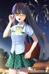  artist_request bangs black_hair blunt_bangs clipboard dress_shirt fireworks glasses hairband long_hair lowres open_mouth plaid plaid_skirt pleated_skirt ribbon school_uniform shirt skirt solo sword_girls yellow_eyes 