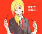  afuro_terumi blonde_hair food hair_over_shoulder haru_susaku inazuma_eleven_(series) inazuma_eleven_go long_hair low_ponytail male_focus mouth_hold necktie pocky pocky_day red_eyes solo uniform_number 
