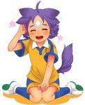  ahoge animal_ears bandages blush closed_eyes dog_ears dog_tail dogboy flower full_body inazuma_eleven_(series) inazuma_eleven_go kageyama_hikaru male_focus merue open_mouth purple_hair raimon raimon_soccer_uniform sitting smile soccer_uniform solo sportswear tail 