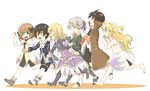  3girls alvin_(tales) black_hair blonde_hair boots bow brown_eyes brown_hair elize_lutus green_eyes jude_mathis knee_boots leia_rolando long_hair milla_maxwell multiple_boys multiple_girls ponytail purple_eyes ribbon rowen_j._ilbert scarf shunrai smile tales_of_(series) tales_of_xillia white_hair yellow_eyes younger 