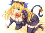  ;d aizawa_hikaru animal_ears bare_shoulders bent_over blonde_hair blue_hair breasts cat_ears cat_tail cleavage detached_sleeves fang hair_ornament high_heels huge_breasts ishioto kneeling long_hair microsoft one_eye_closed open_mouth paws shoes short_twintails silverlight skirt smile solo suspenders tail thighhighs twintails two_side_up 