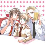  ^_^ alcohol axis_powers_hetalia beer blonde_hair blue_eyes brown_hair closed_eyes germany_(hetalia) green_eyes male_focus multiple_boys necktie sena_(1923) spain_(hetalia) united_kingdom_(hetalia) wine 