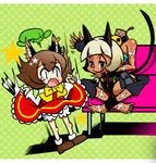  :q animal_ears barefoot bleeding blonde_hair blood bloomers bow brown_hair cat_ears cat_tail chen claws couch crossover earrings frilled_skirt frills green_eyes hat hat_removed headless headwear_removed jewelry ms._fortune_(skullgirls) multiple_girls multiple_tails polka_dot polka_dot_background severed_head sitting skirt skullgirls star tail takamoto_akisa tongue tongue_out touhou underwear waving wavy_mouth yellow_eyes 